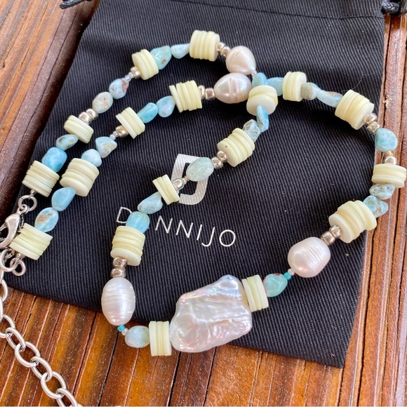 DANNIJO Riviera Freshwater Pearl, Heishi, & Larimar Beaded Necklace NWT - Picture 14 of 14